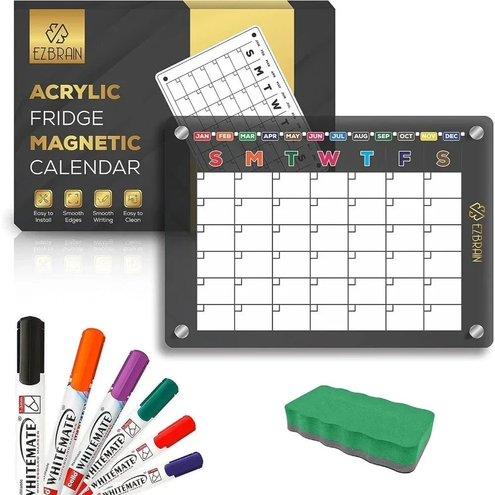 Magnetic Fridge Calendar with Set of 6 Markers & Eraser Acrylic Monthly Calender